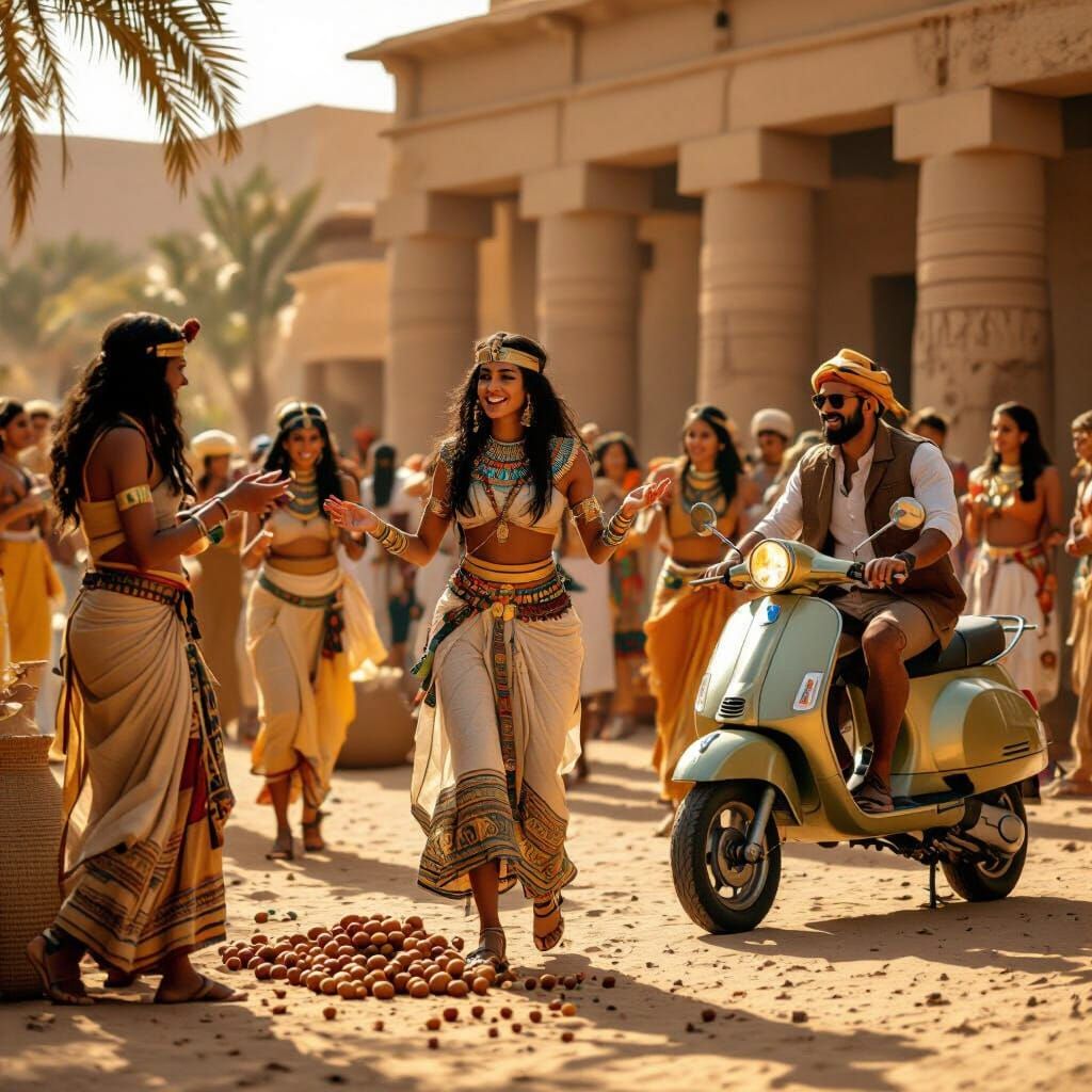 Ancient Egyptians Dance Near Hipster on Scooter