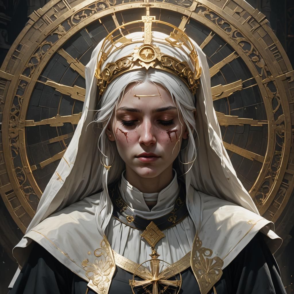 Mystical Young Nun with Golden Halo in Dark Fantasy Art