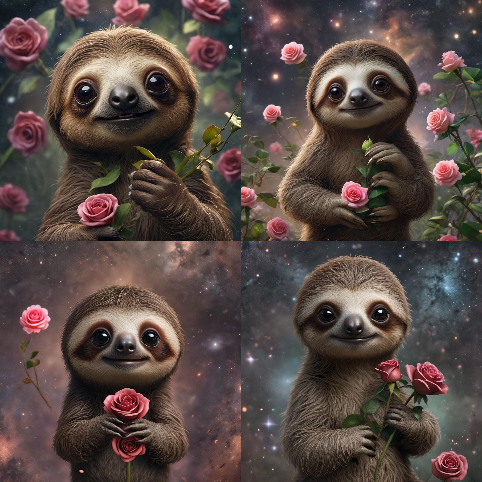Realistic Baby Sloth with Glowing Galaxy Eyes Holding a Rose...