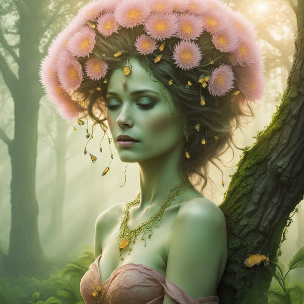 Mystical Dryad Against Ancient Tree at Sunrise