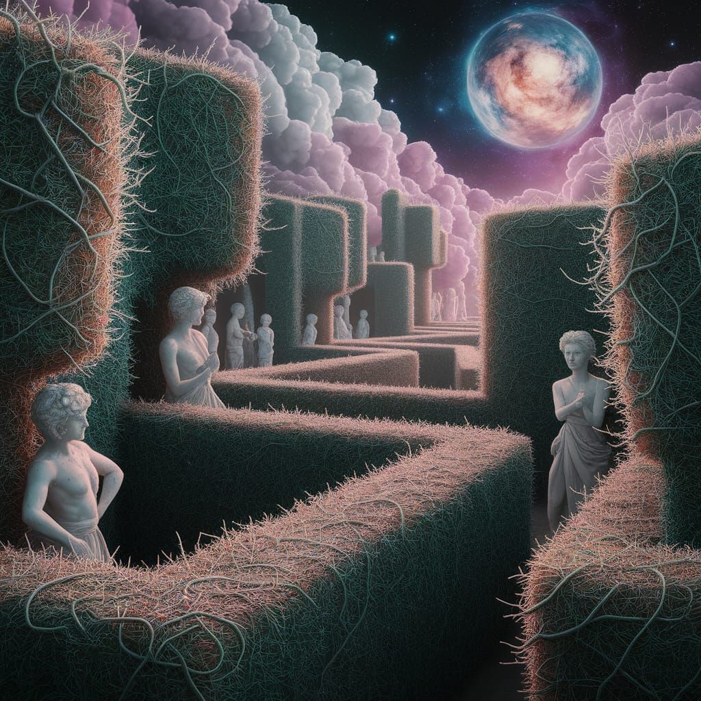 Enchanted Hedge Maze with Astral Cosmic Illustrations