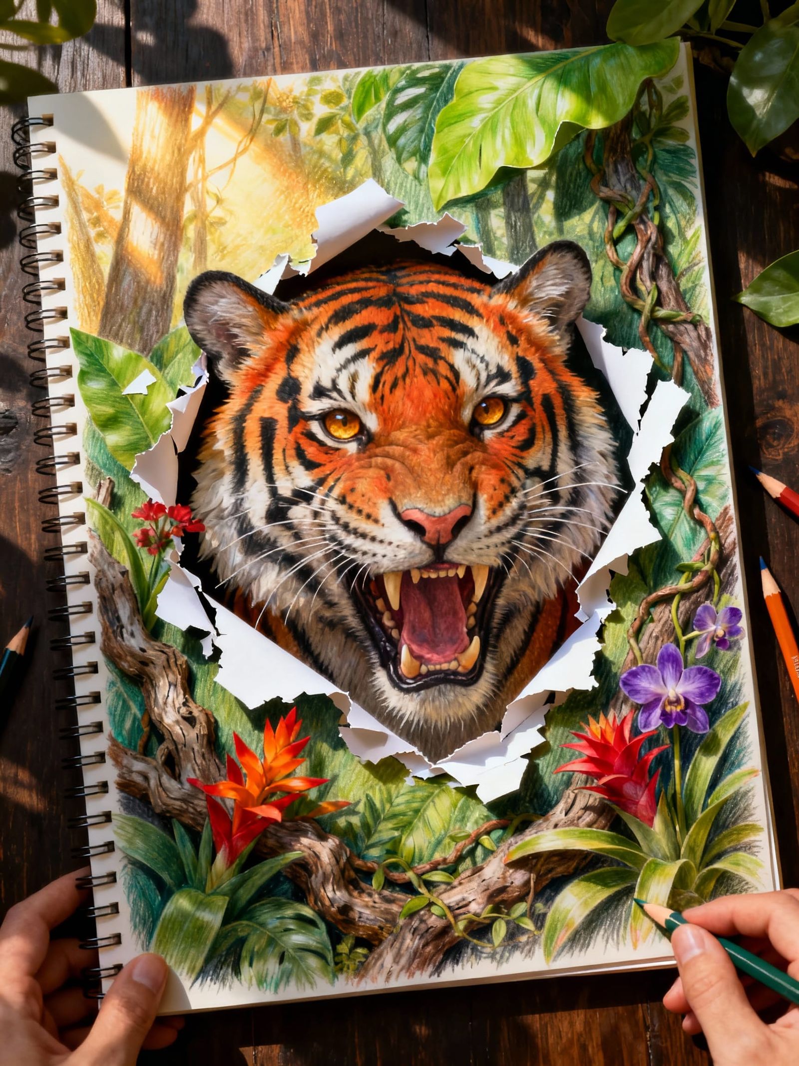 Aggressive Bengal Tiger Bursting Through Paper
