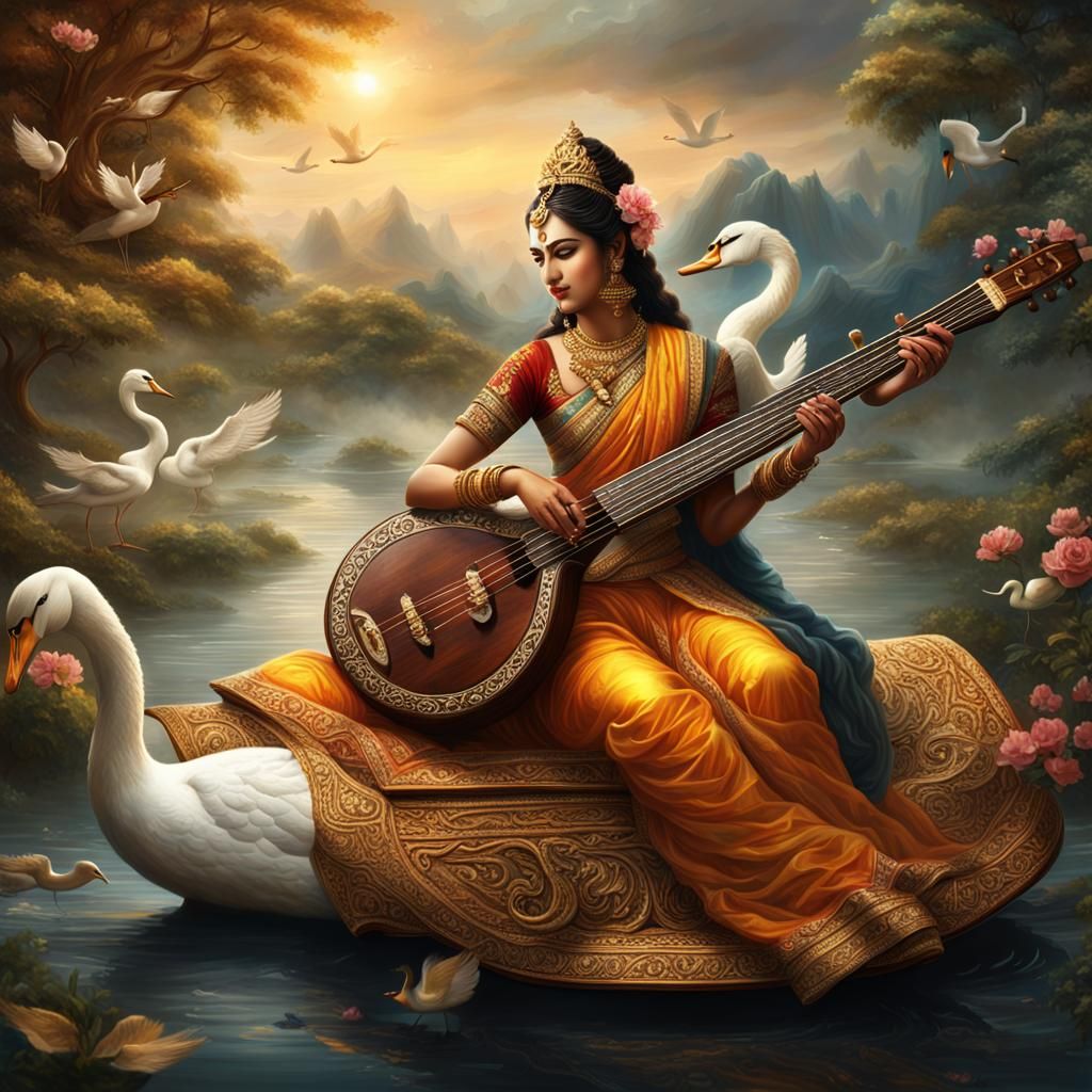 Saraswati Goddess Seated Upon a Swan in Epic Digital Paintin...