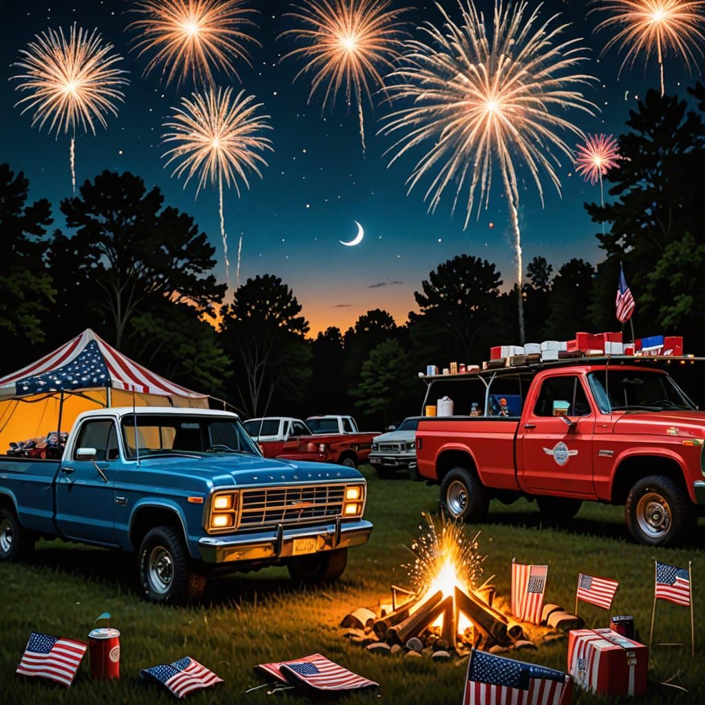 Patriotic Campfire Celebration Under Fireworks