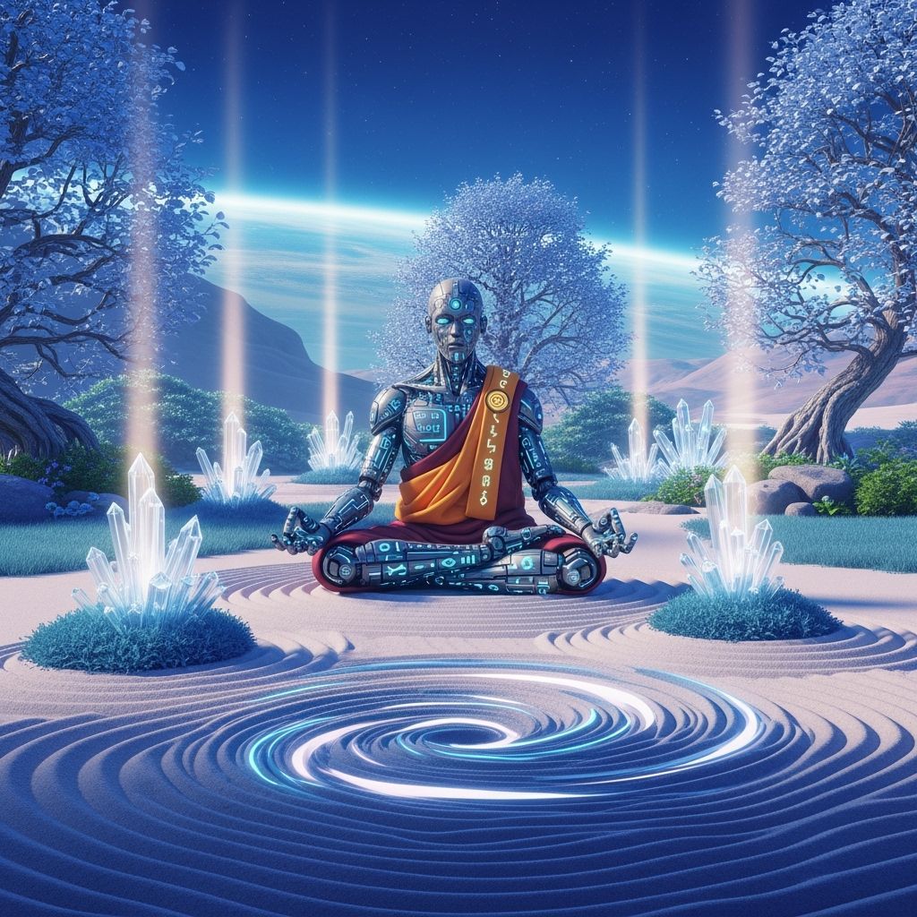 Cybernetic Monk Meditating in Retro-Futuristic Zen Garden