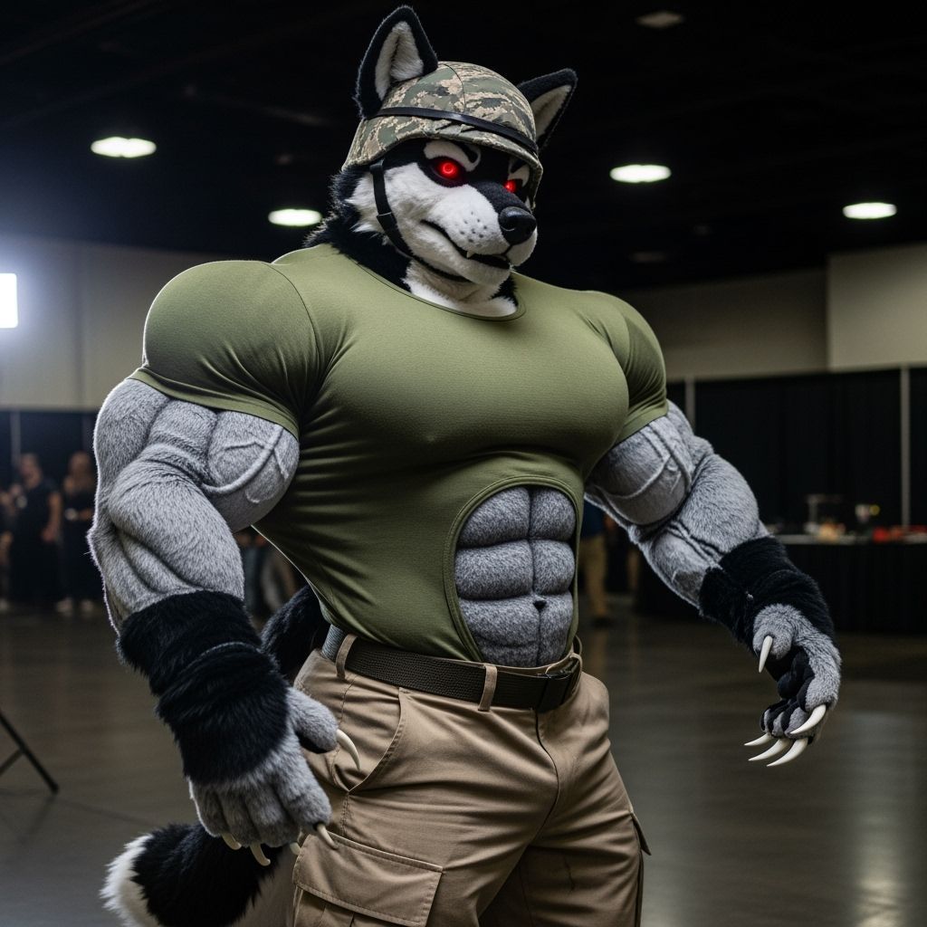 Muscular Wolf Fursuit Bodybuilder in Army Uniform