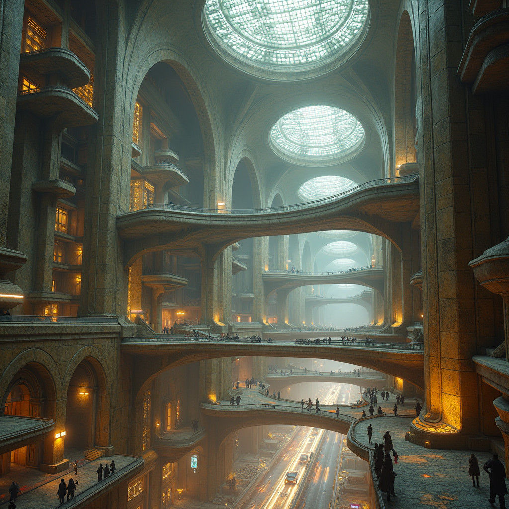 Futuristic Underground Metropolis in Marble Pillars