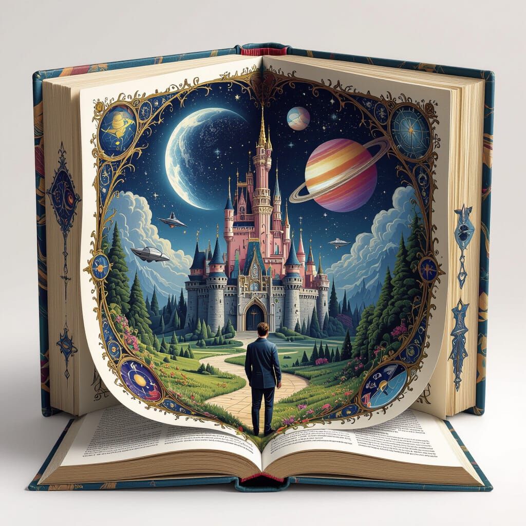 Fantastical Book Illustration with Castle and Spaceship