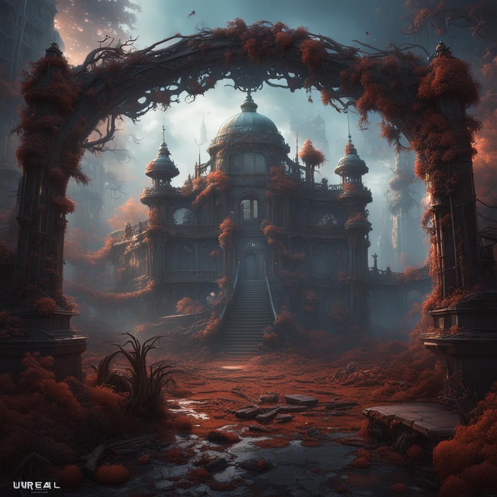 Mysterious Female Figure in a Fantastical Landscape, in Unre...