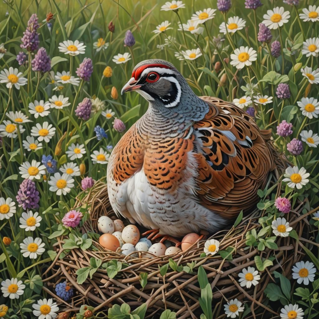Serene Partridge in a Vibrant Floral Meadow