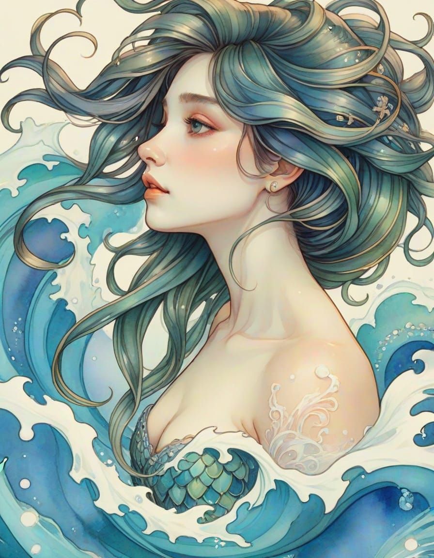 Watercolor Art Nouveau Woman Transforms to Sea Creature