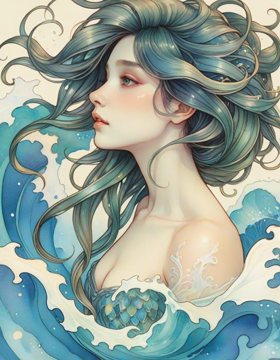 Watercolor Art Nouveau Woman Transforms to Sea Creature