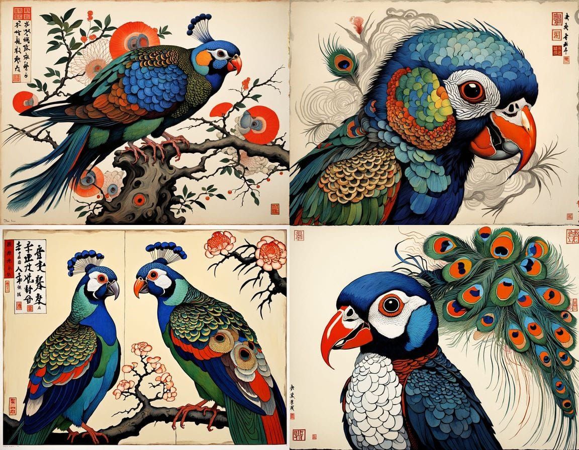 Surreal Ukiyo-e Bird Cage with Egon Schiele Influences