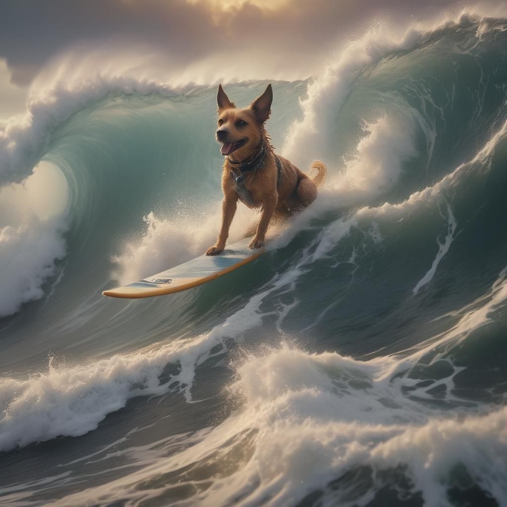 Grunge Dog Rides Epic Wave in Epic Fantasy Surfing Adventure