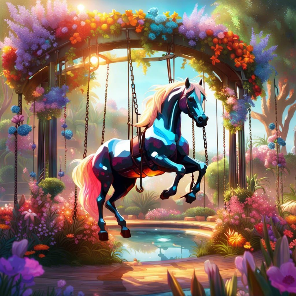 Vibrant Crystal Playground Horse Swing in Lush Florals