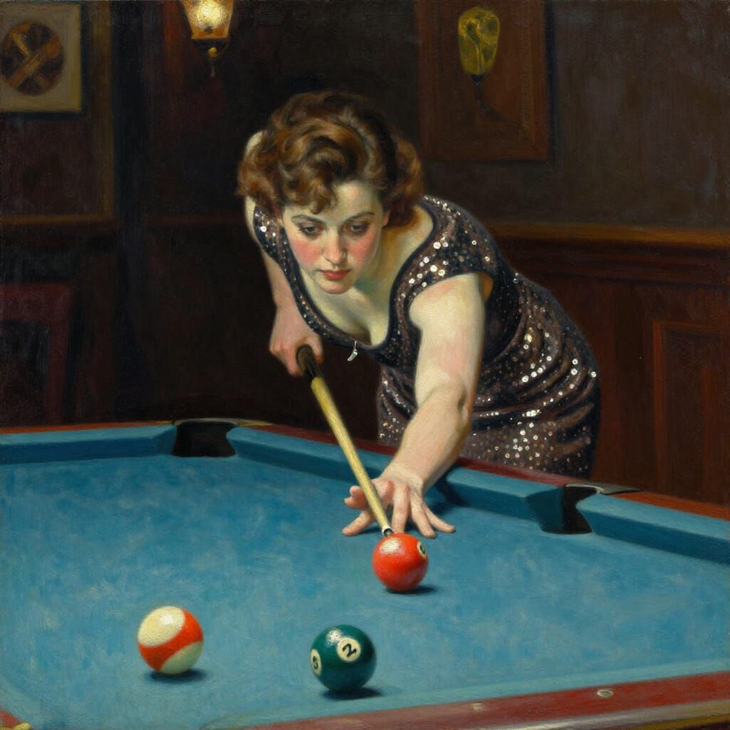 Elegant Woman in Evening Gown Plays Billiards