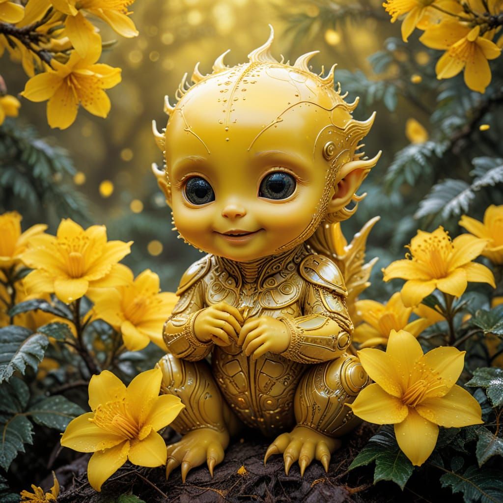 Golden Yellow Rainforest Scene with Alien Influence