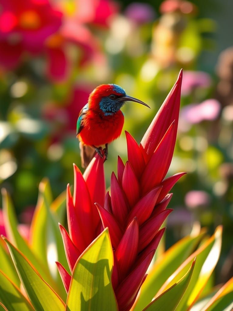 Exotic Bird on Crimson Flower, Close-Up View