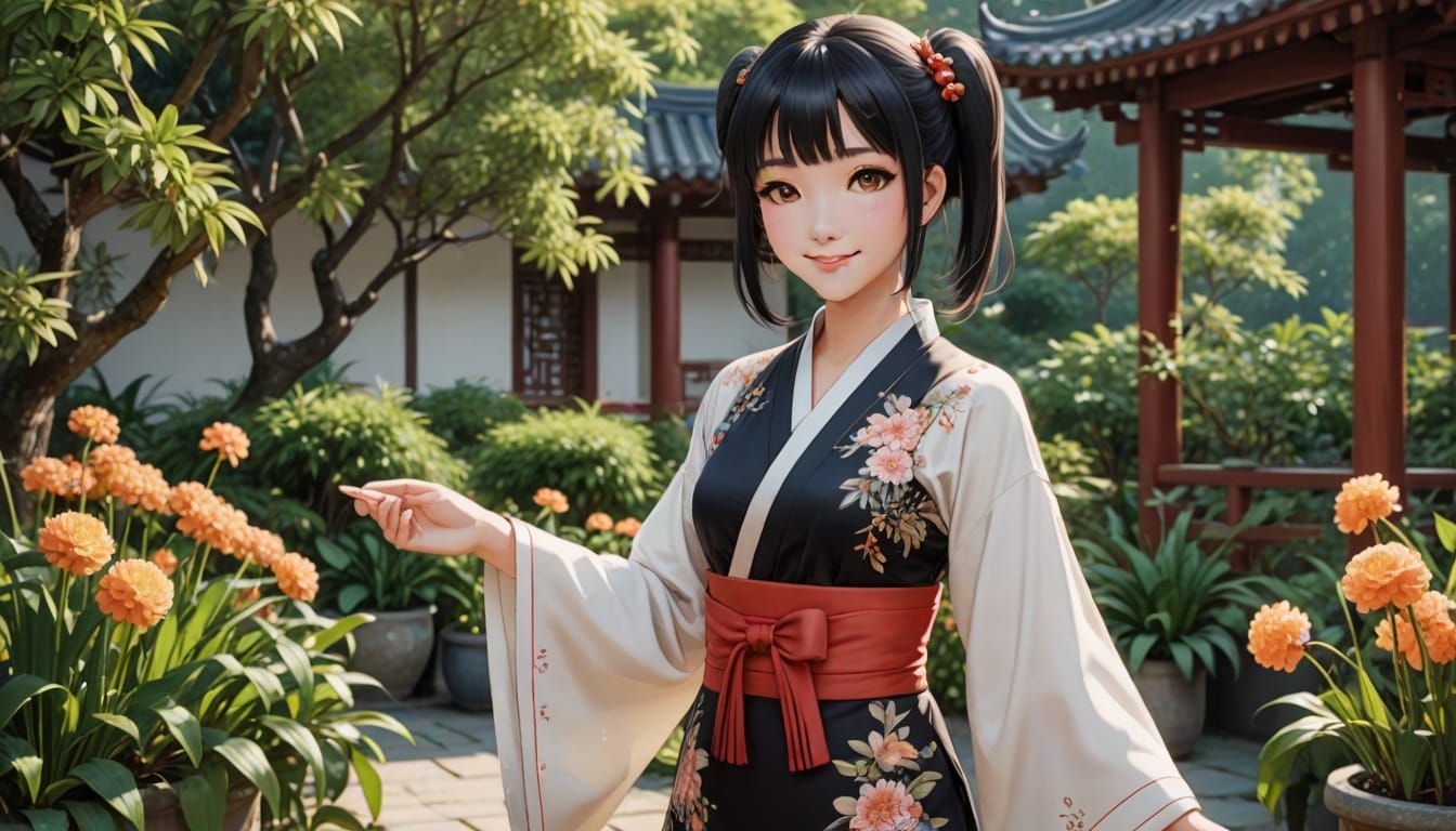 Exquisite Chinese Beauty in Elegant Garden Setting