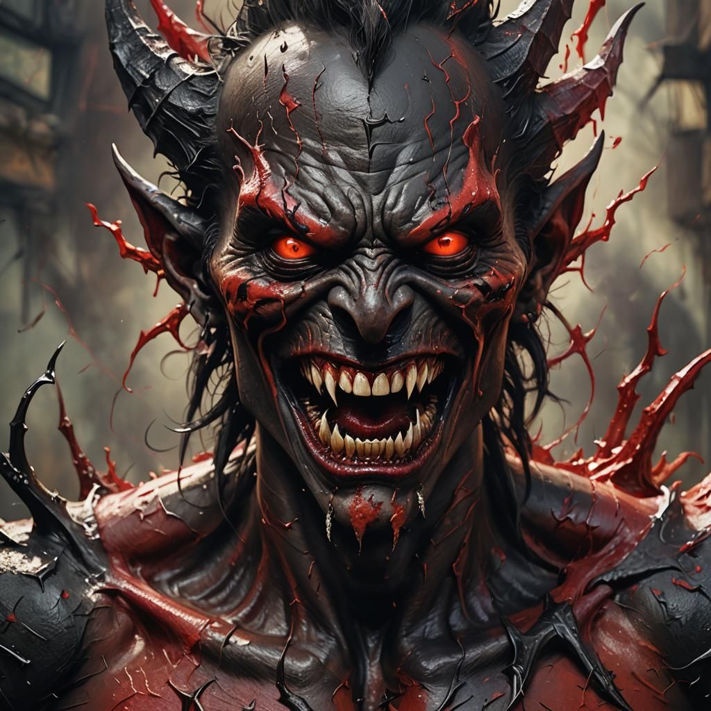 Chilling Hyperrealistic Demon with Red and Black Skin and Sh...