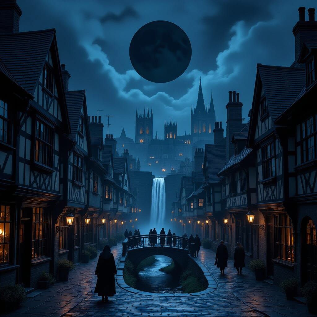 Dystopian Candlelit Cityscape with Black Moon