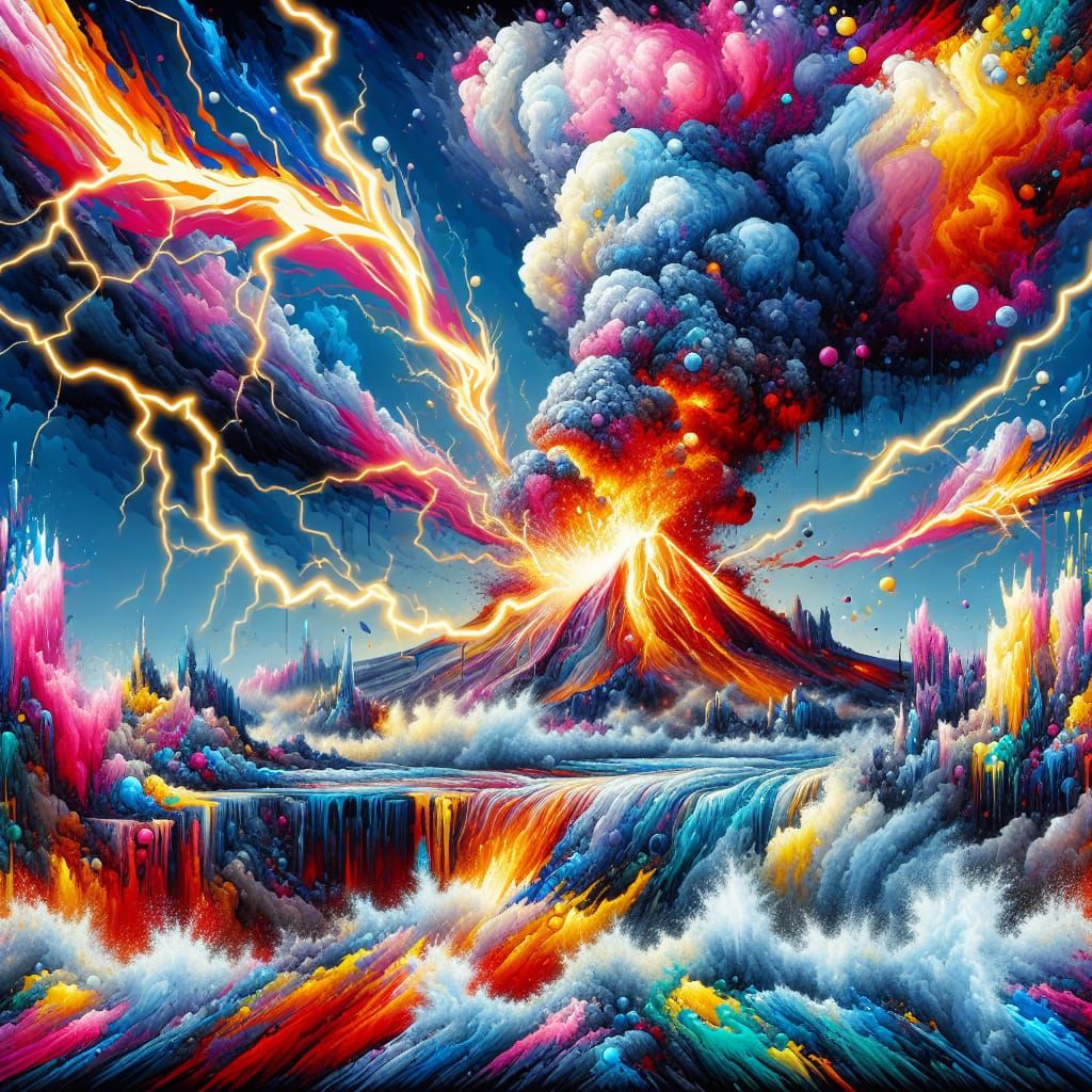 Ultra-Vibrant Super Volcano Eruption with Lightning in Stree...