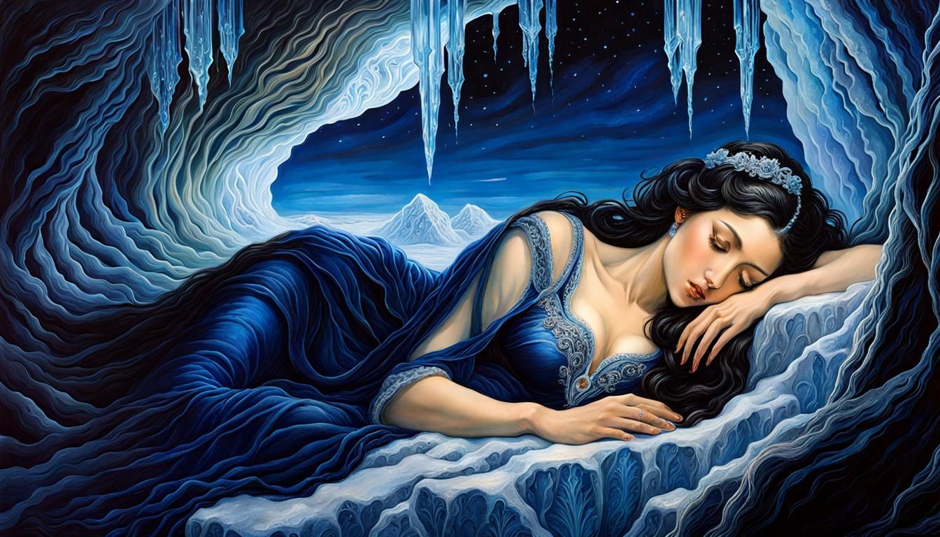 Elegant Woman Slumbers in Dark Crystal Cave Scene