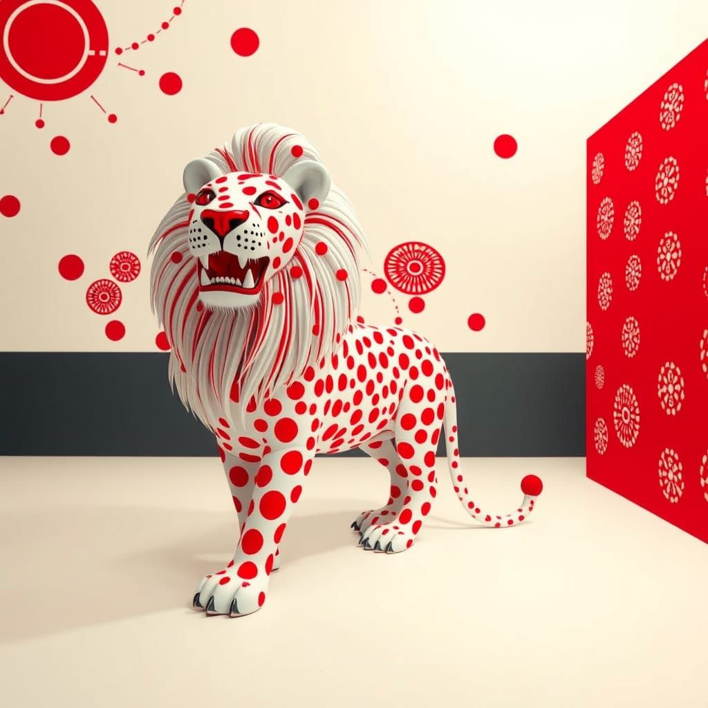 Stylized Lion in Yayoi Kusama Dreamscape