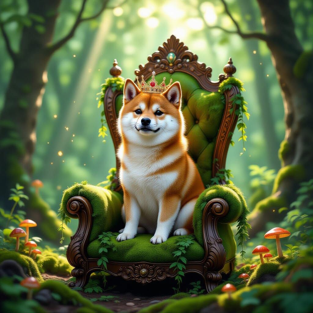 Regal Shiba Inu on Throne in Enchanted Forest