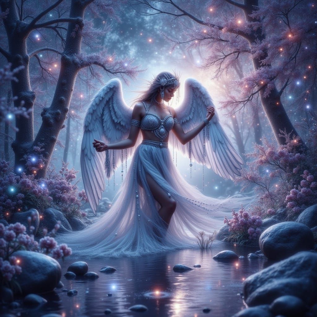 Ethereal Winter Angel Rises from Creek in a Mystic Aura
