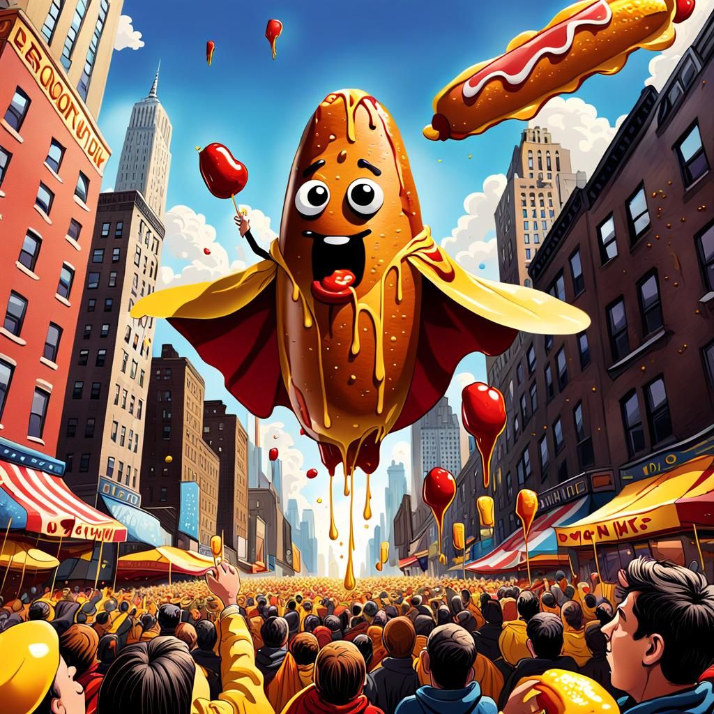 Colorful Cartoon Superhero Corn Dog Soars Over NYC in a Spla...