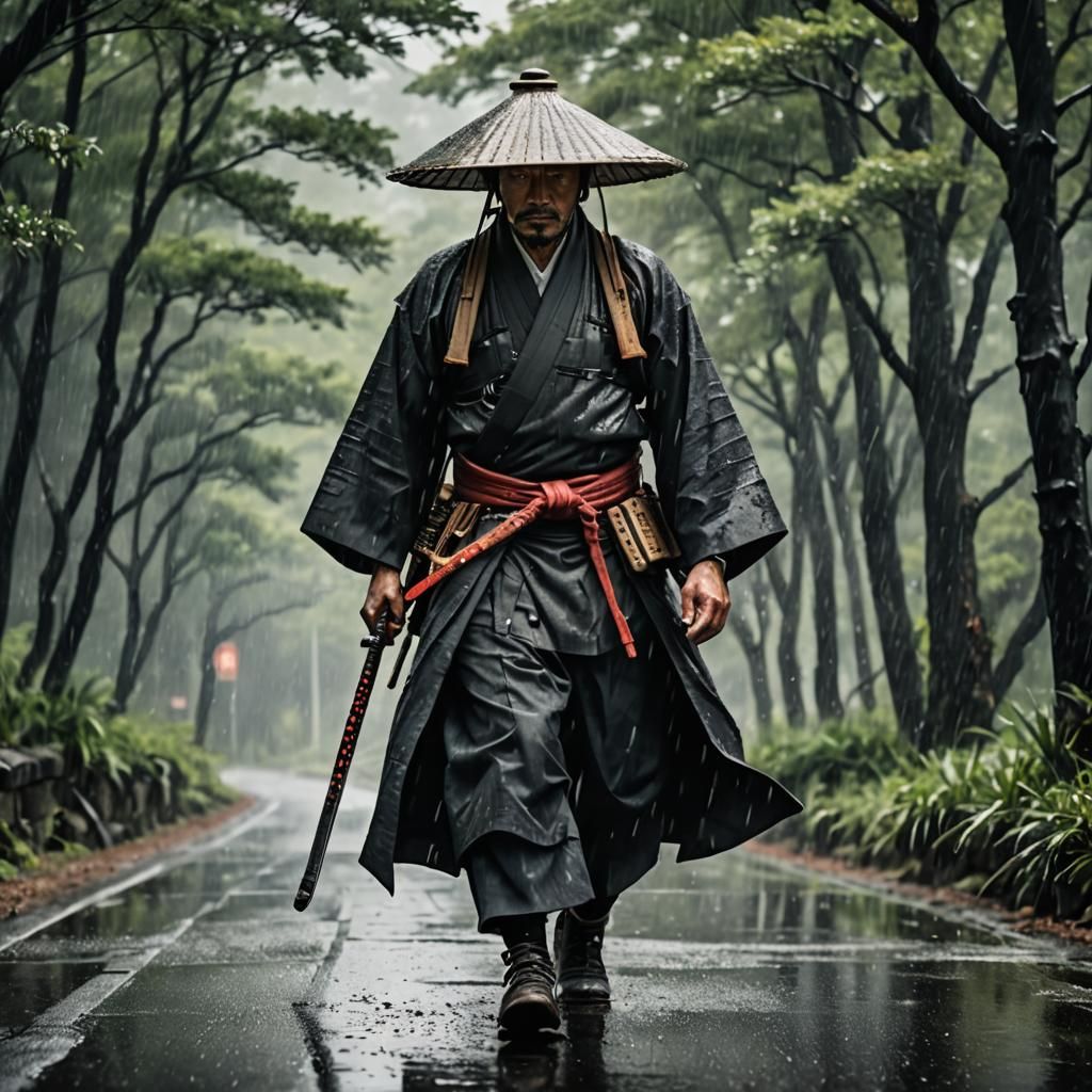 Ronin Samurai on Lonely Road in Rain