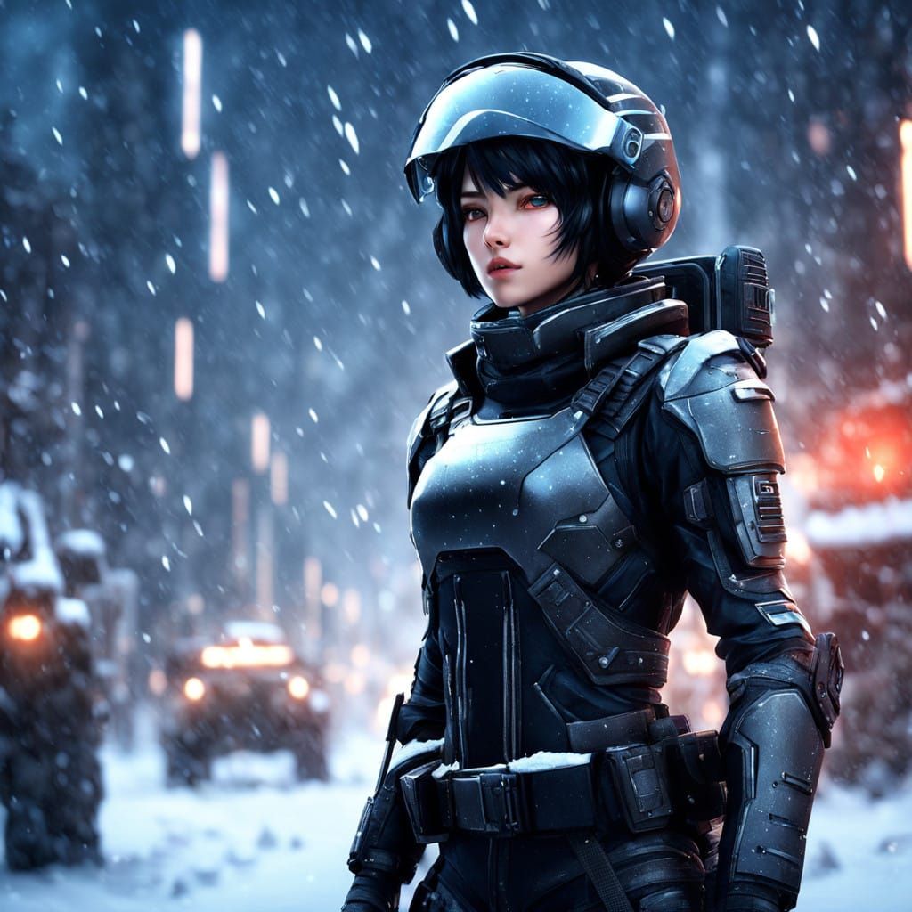 Scifi Soldier Anime Girl in a snow storm...