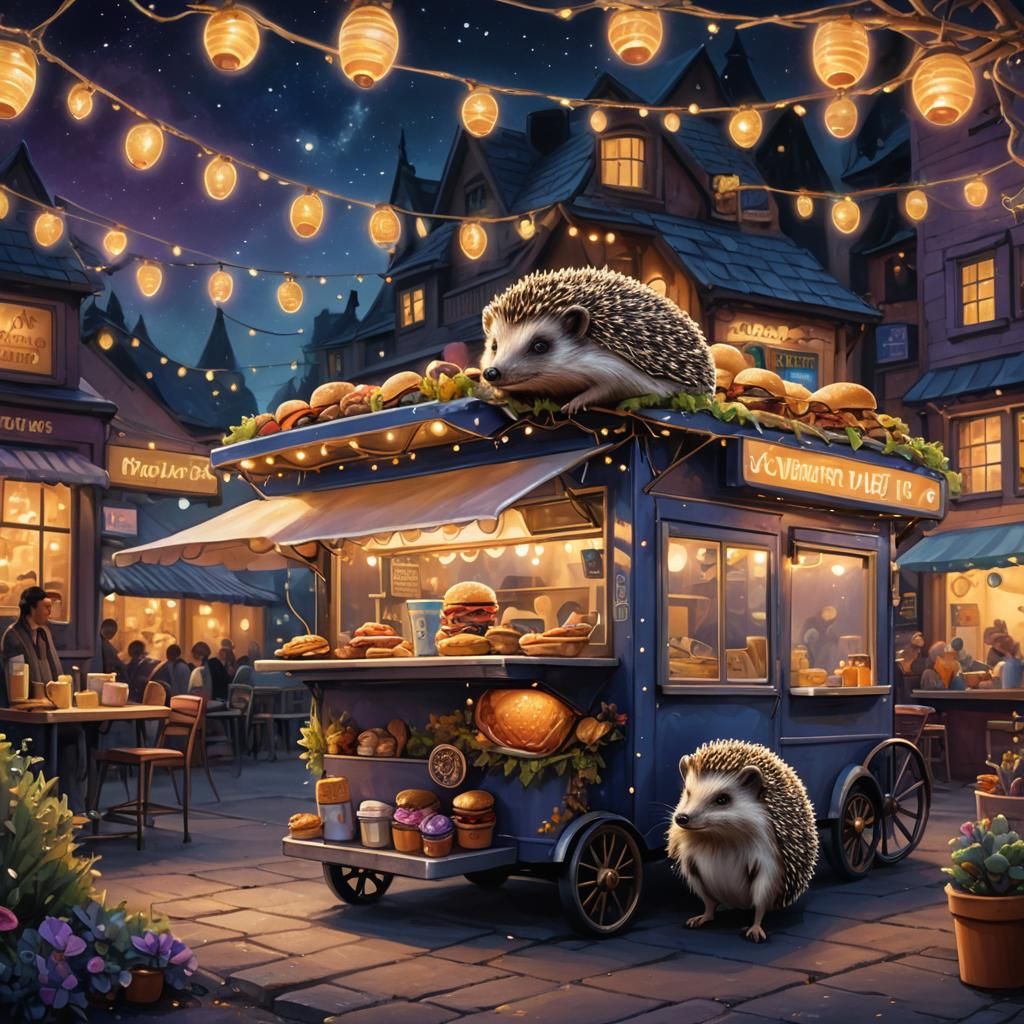 Whimsical Hedgehog Waits for Burger at Moonlit Food Cart in...