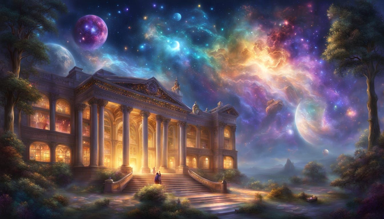 Celestial Library with Glowing Constellations, Dreamy Fantas...