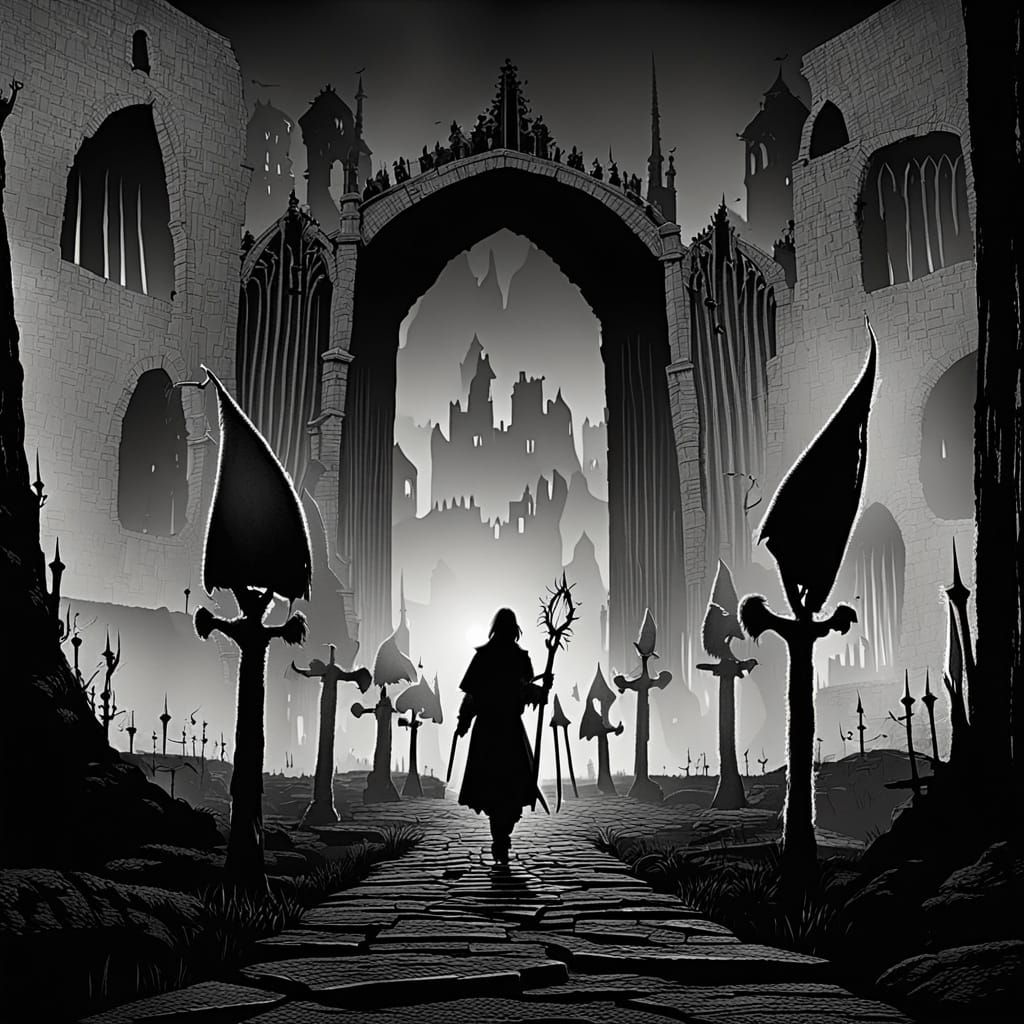 Dark Fantasy Figure on Medieval Path in Anime Style