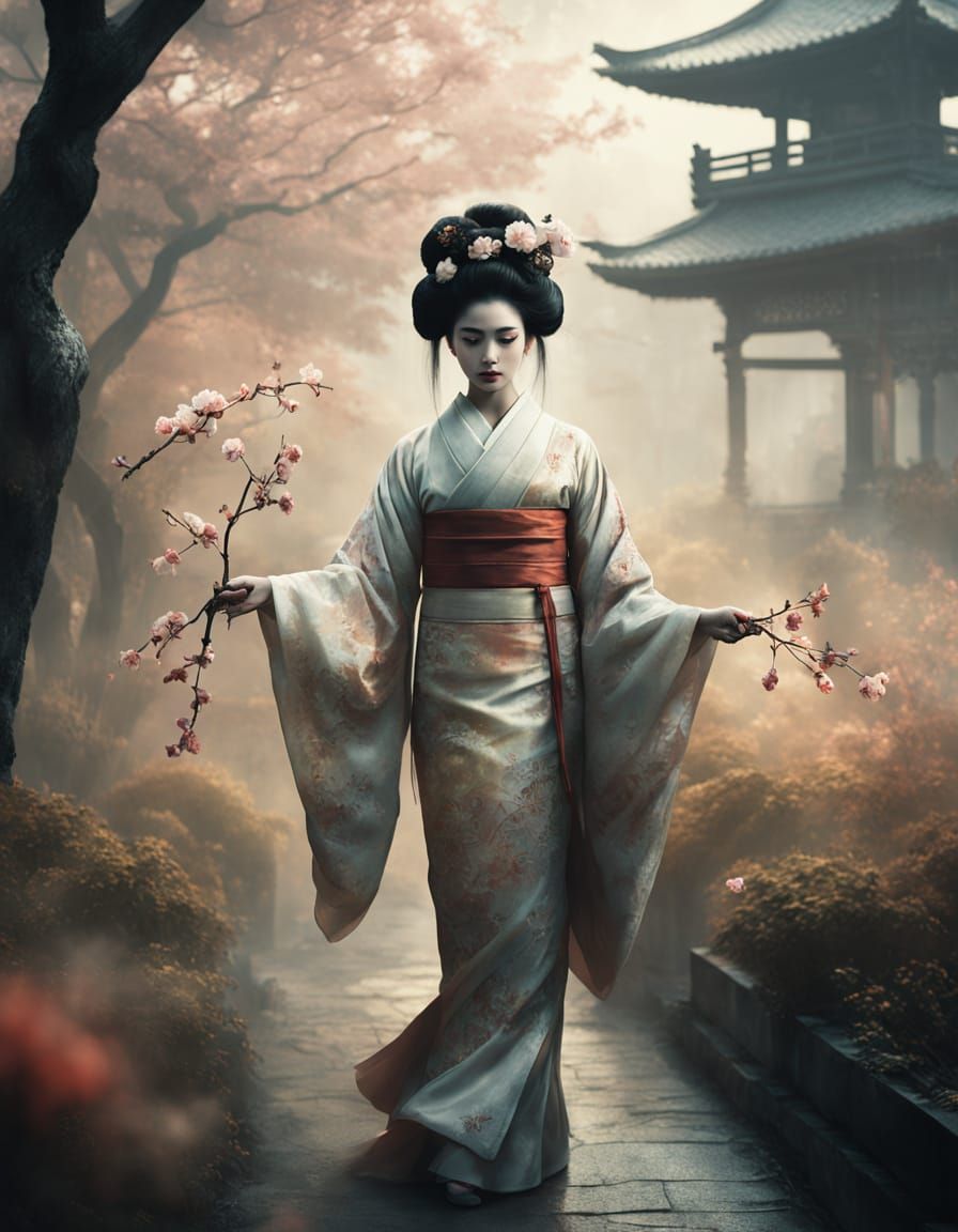 Geisha in Misty Garden: Ethereal Fantasy Illustration