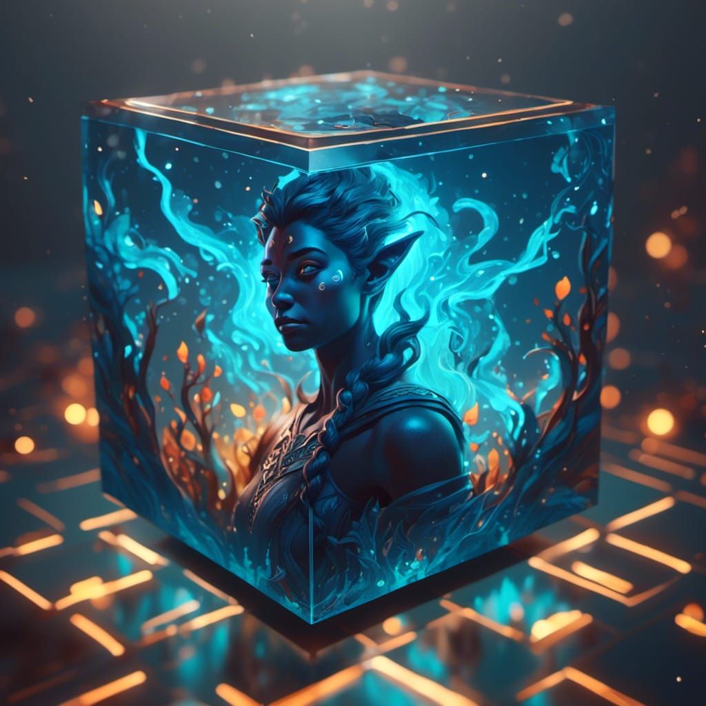 Surreal Fantasy Portrait within a Cube, Set against a Desk