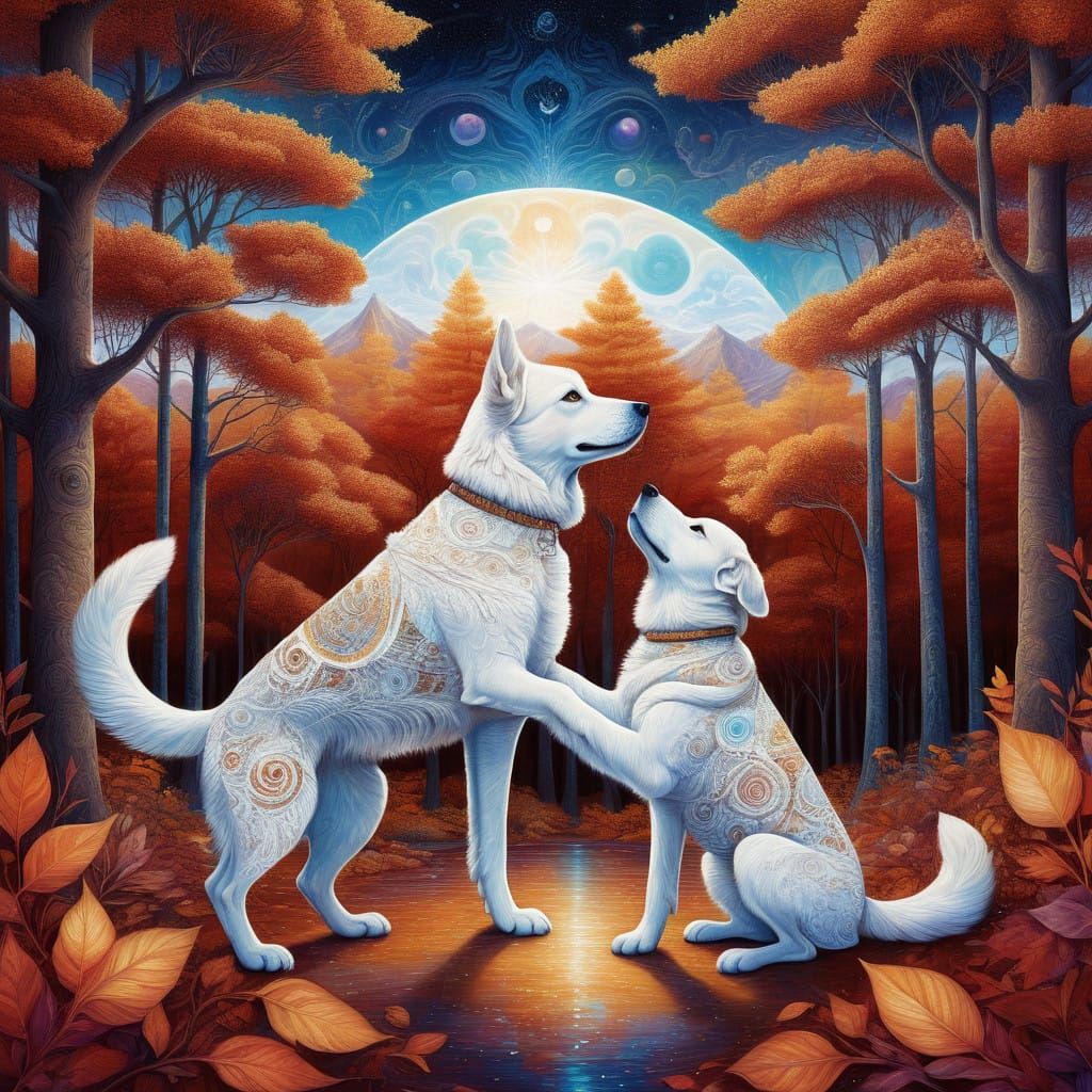 Gentle Moment Between Man and White Dog in Vibrant Autumn La...