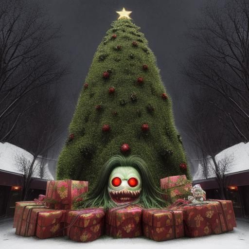 Monstrous Christmas tree In retro 1980s horror movie style; lurid hyper detail photorealistic style; a horrific disgusti...