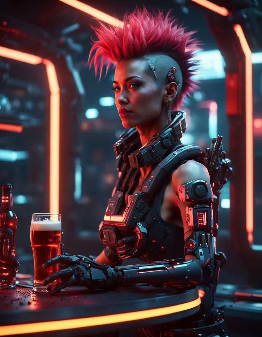 Cyberpunk Girl Savoring Beer in Space Station Bar