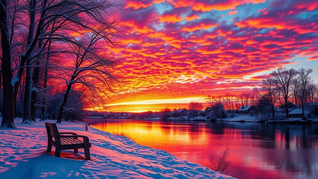 Vibrant Winter Sunset Over Snowy Riverside