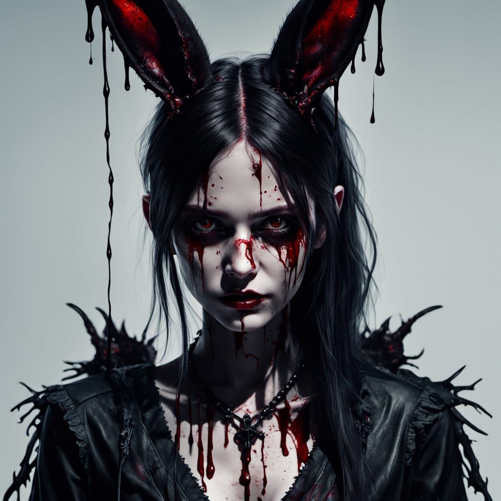 Gothic Woman with Bloody Rabbit Ears in Dark Fantasy Art