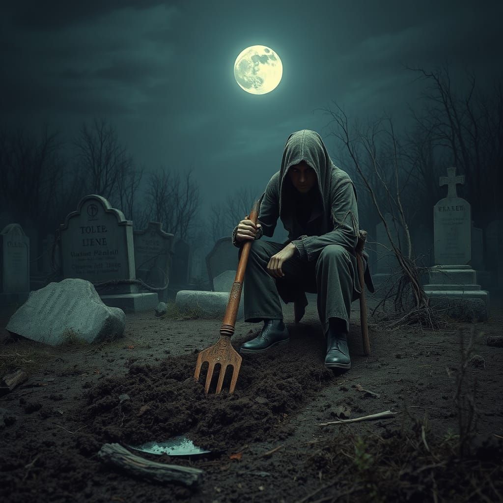 Haunted Grave Digger in a Desolate, Moonlit Cemetery