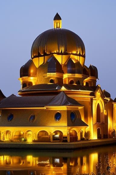 Ethereal Golden Castle Illuminated by Full Moon