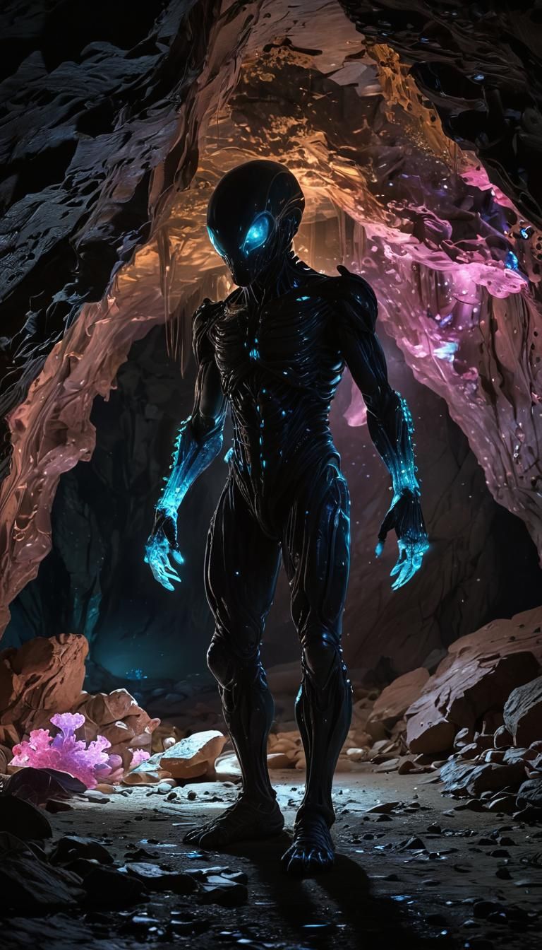Picture an alien called Lumivis, a creature that emits soft, bioluminescent light from its skin. This alien is shown exp...
