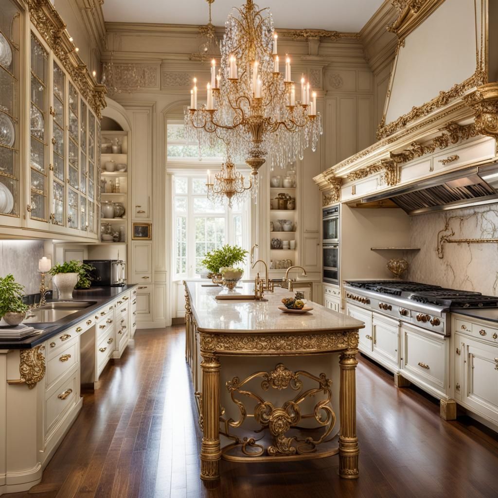 Elegant Regency Kitchen with Crystal Chandeliers