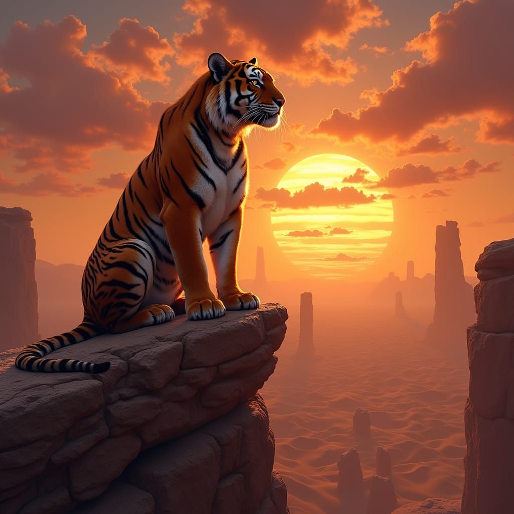 Regal Luminous Tiger in Surreal Desert Sunset