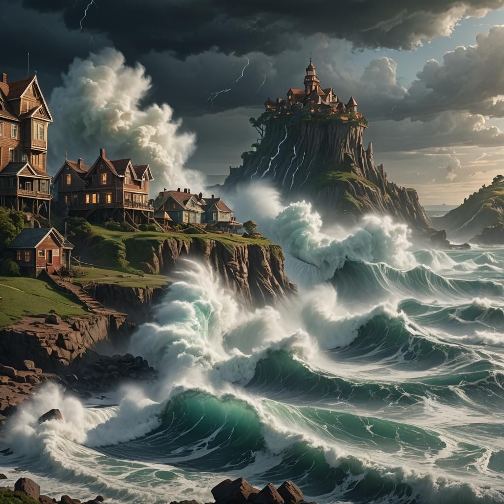 Surreal Seashore Scene with Towering Cliffside Villages and....
