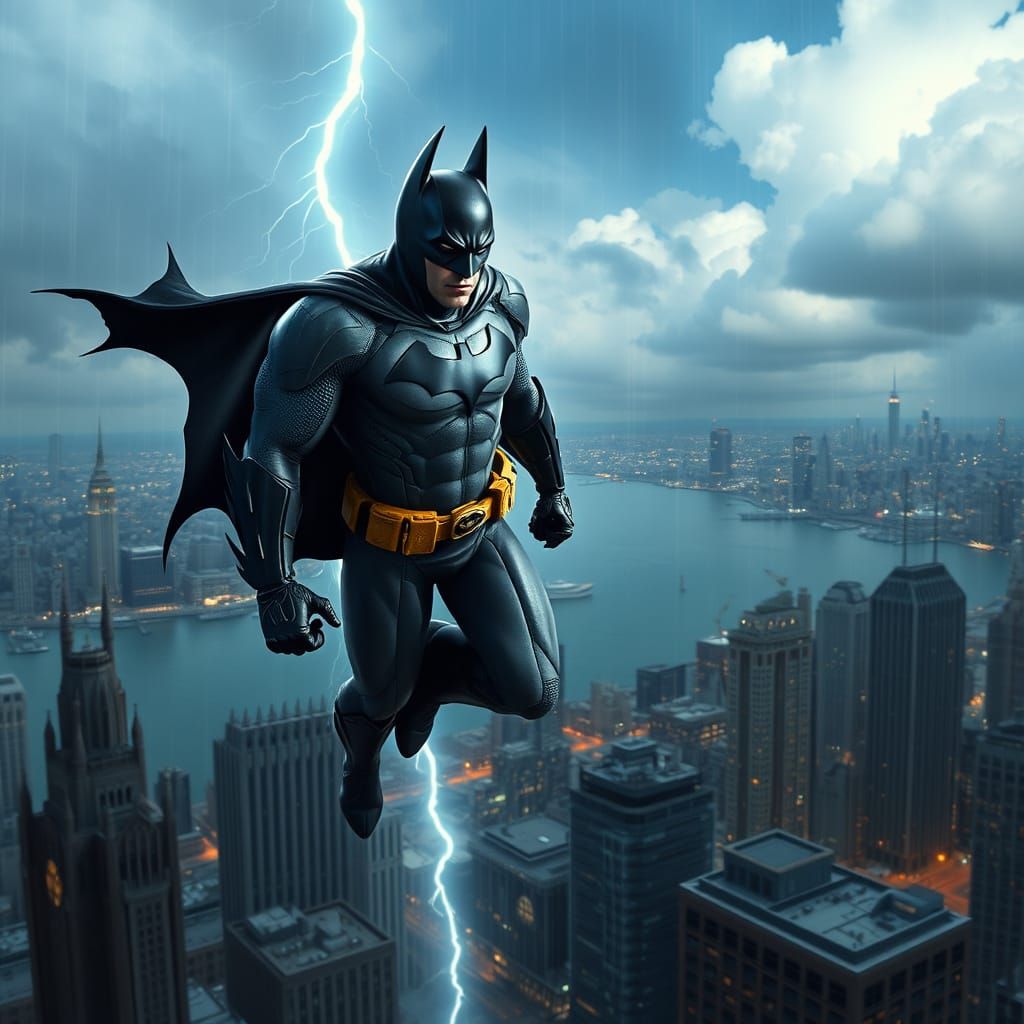 Batman Over Gotham City Amidst Lightning Storm